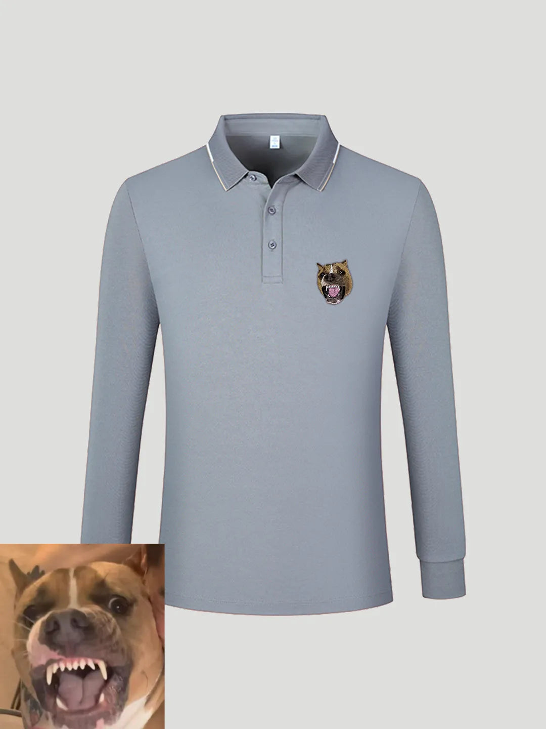 Custom Long Sleeve Polo Shirt with Embroidered Pet Portrait – Personalized Polo | GoFeelGo