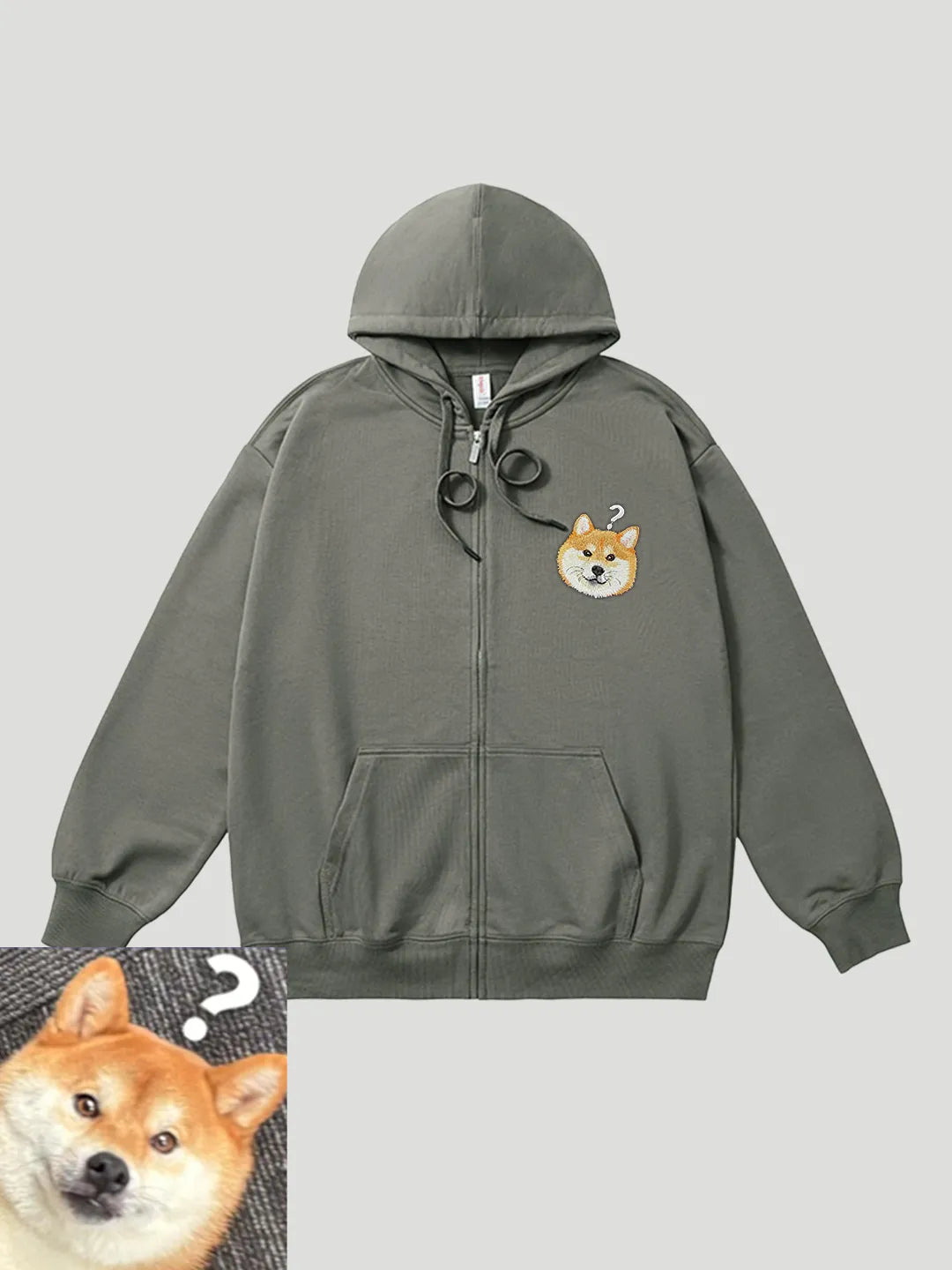 Handmade Custom Embroidered Pet Portrait Zip Hoodie – 330g Relaxed Fit Hooded Sweatshirt